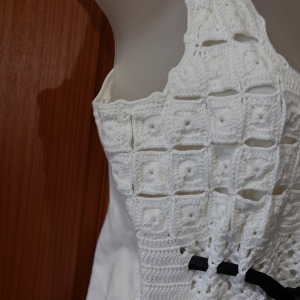 Gaby & Eden White Crochet Black Bow Tank Top LG Bohemian Elegant - Picture 4 of 13